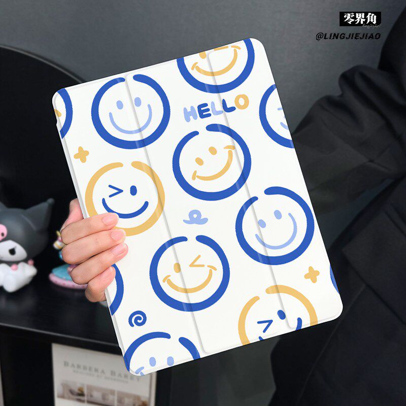 蓝色笑脸适用于ipad10保护套air7/6/5平板壳2024苹果11代第九13寸10代mini7三折硅胶ipadpro11/12.9寸带笔槽5