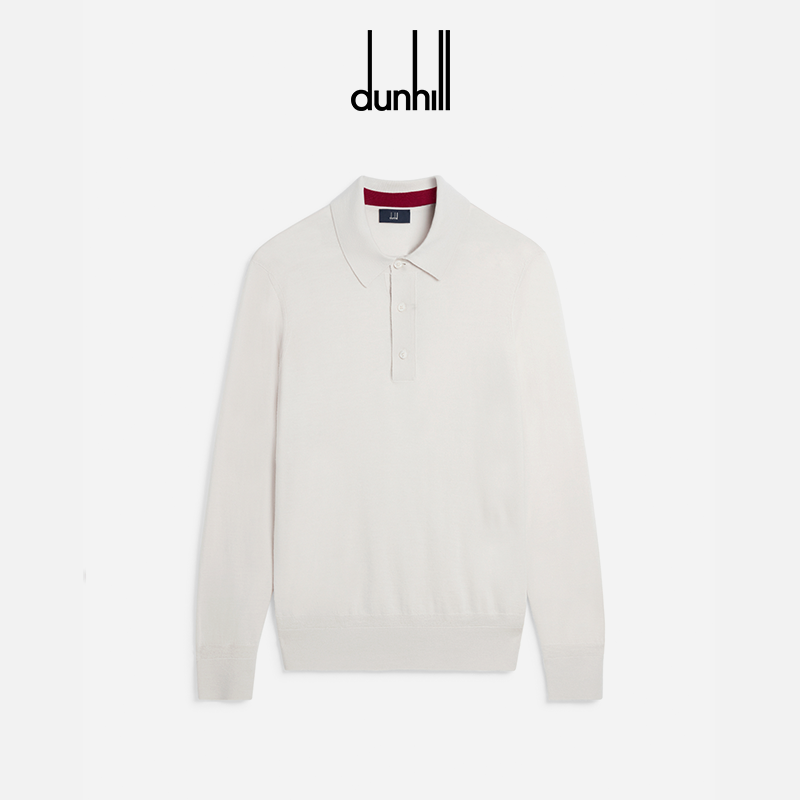 dunhill登喜路男士米白色羊绒真丝长袖 Polo 衫