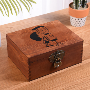 木盒子覆古带锁收纳盒实木质证件盒木箱子家用密码收纳箱小箱子