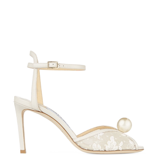 [白鹿珍选]JIMMY CHOO/SACORA 85 女士珍珠饰蕾丝露跟凉鞋婚鞋