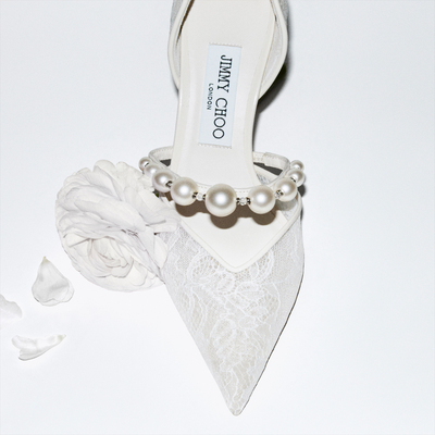 JIMMY CHOO/AURELIE 85 女士 珍珠饰蕾丝高跟鞋婚鞋