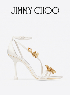 [新年礼物]JIMMY CHOO/ZEA 95 女士花卉饰象牙白色缎面凉鞋JC
