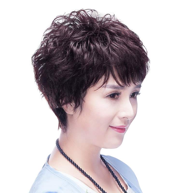 正品假发女短发短卷发圆脸妈妈发型中年真人发丝头套中老年真发假
