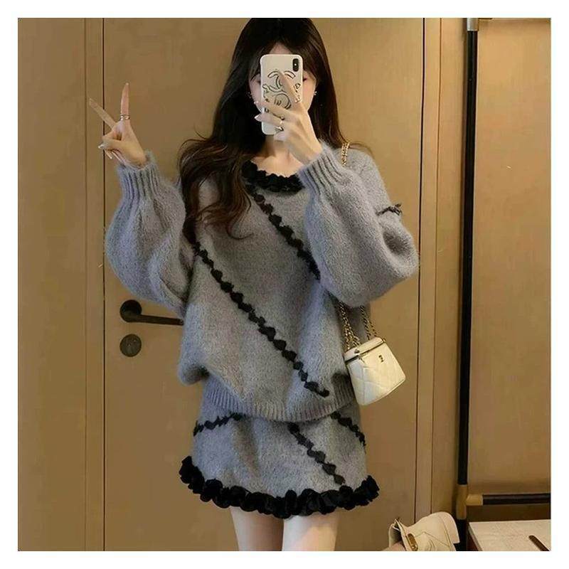 秋冬装穿搭一整套2025超火小香风巨好看独特漂亮针织毛衣裙子套装