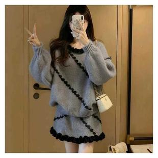 秋冬装穿搭一整套2025超火小香风巨好看独特漂亮针织毛衣裙子套装