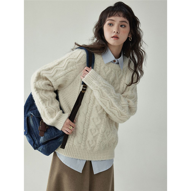 「北岛AMUU」日系圆领宽松麻花毛衣秋冬温柔软糯加厚套头内搭上衣