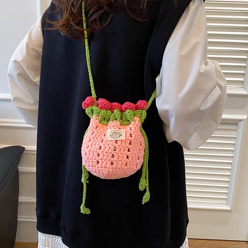 夏天夏季玫瑰花针织迷你小包包女儿童水桶包小众斜挎包潮