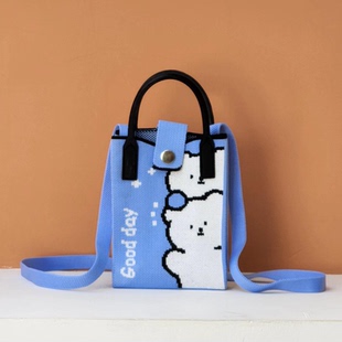 手提单肩托特包斜跨针织包袋休闲韩版 小清新可爱大号手机包 时尚