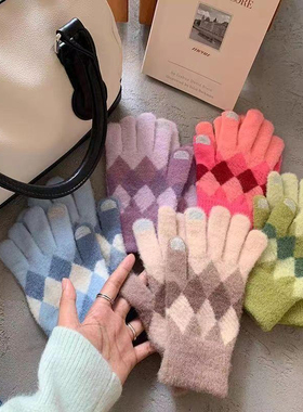 秋冬季保暖手套女士学生五指分指可触屏绿色格子加厚防寒骑行手套