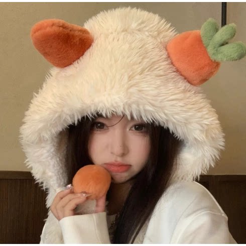 可爱胡萝卜帽子女冬季毛茸茸雷锋帽显脸小保暖加厚抗寒毛绒护耳帽