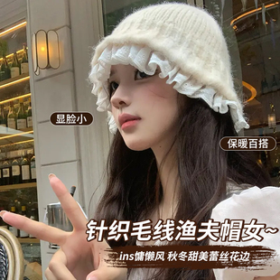 ins慵懒风针织毛线渔夫帽女秋冬甜美蕾丝花边显脸小保暖百搭盆帽