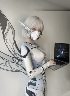 万圣节男女AI机器人铠甲印花连体衣未来感科技cos服酒吧DS服