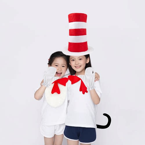 万圣节帽子里的猫Dr Seuss苏斯博士帽子红白条纹高帽dr.seuss装扮
