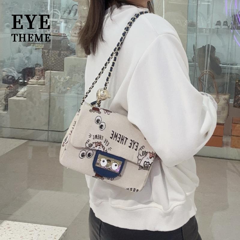 卡通可爱布纹刺绣女士链条包袋翻盖锁扣休闲女式小方包帆布
