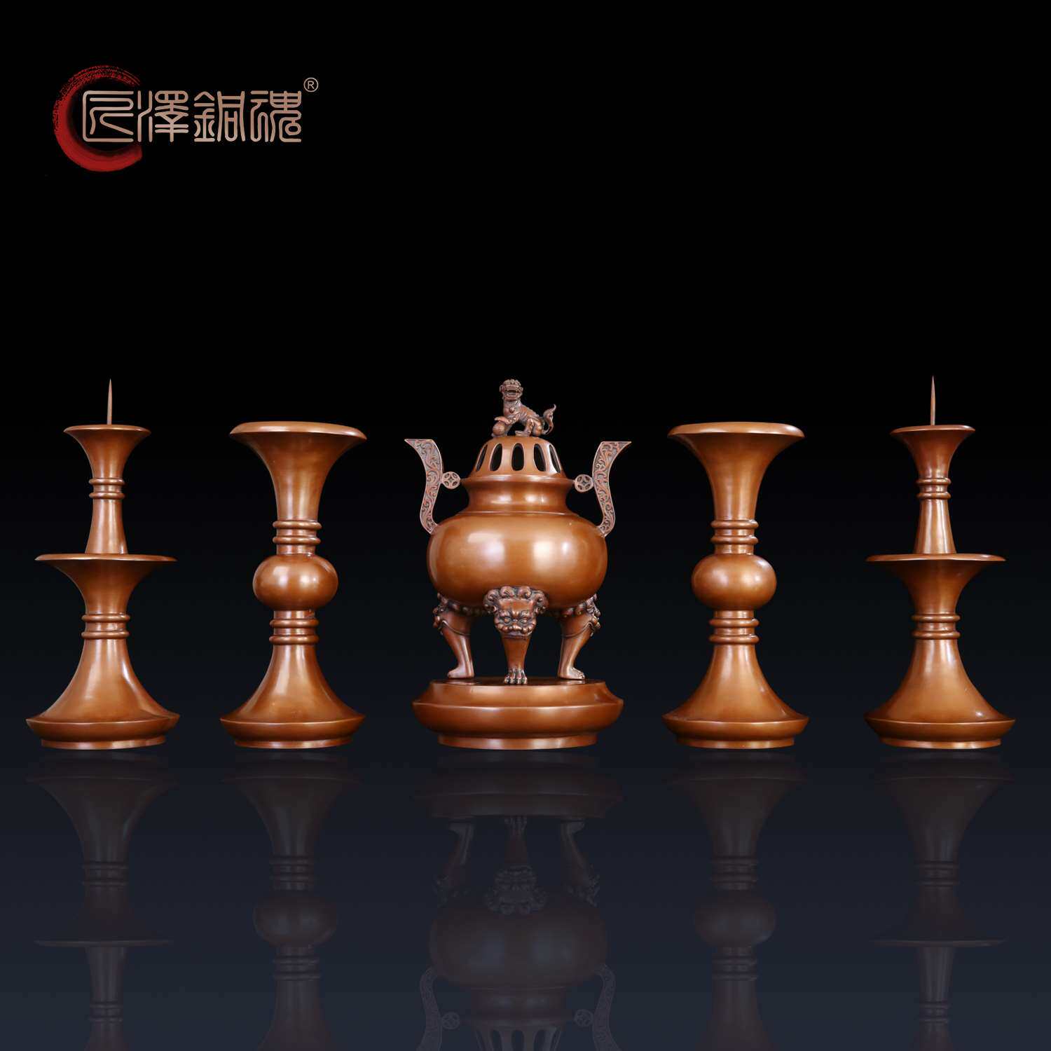 匠泽铜魂紫铜五供佛具一套香炉花瓶烛台佛具用品佛前供具家居摆件