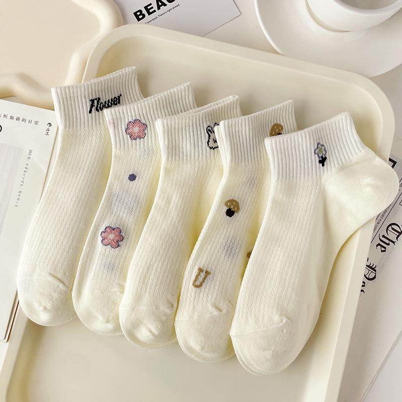 奶白袜子女夏季薄款短袜网眼透气短袜低帮运动袜可爱小兔学生船袜