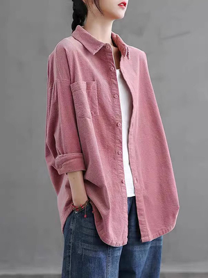 粉色灯芯绒衬衫女装春秋季2025新款休闲大码上衣外套宽松长袖衬衣