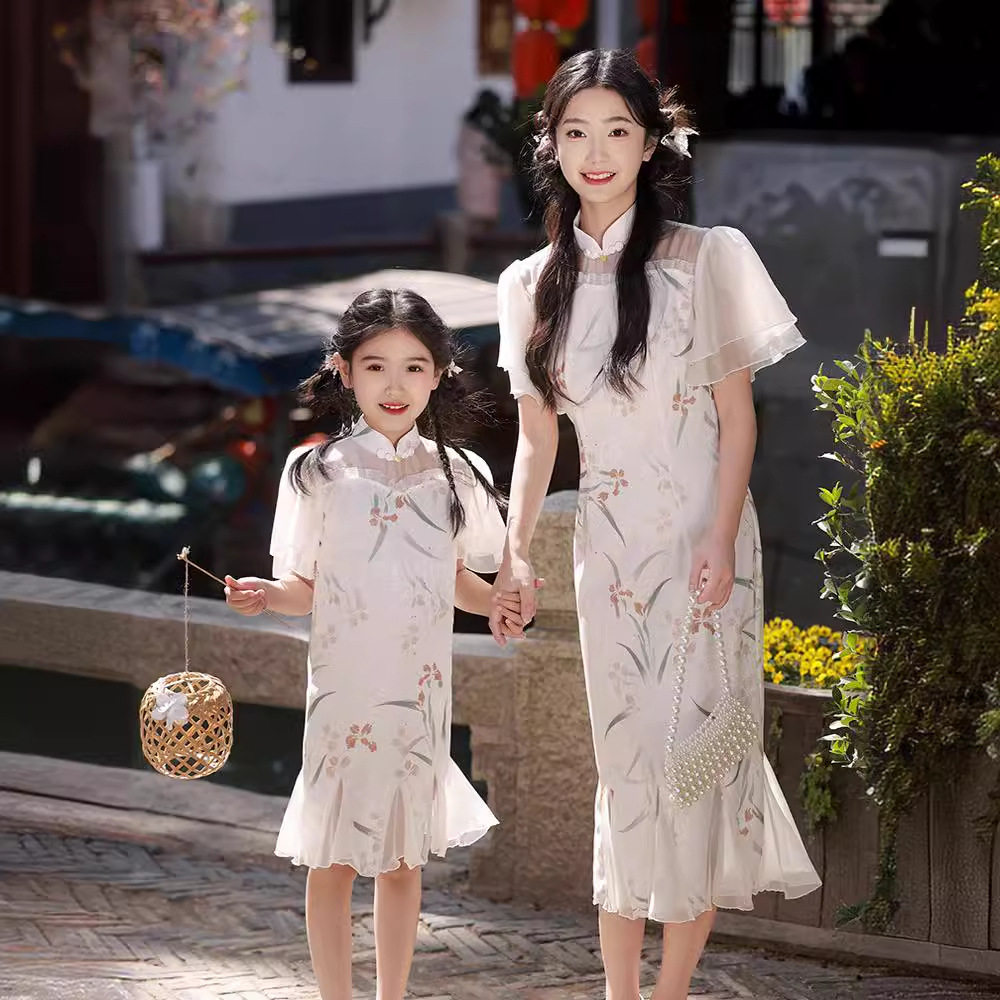 亲子装母女装旗袍女童夏款2025中国风古装中长款田园风旗袍连衣裙