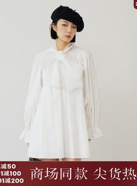 西町村屋衬衣连衣裙2026春新款蝴蝶结系带休闲舒适中裙CCBA10488