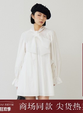 西町村屋衬衣连衣裙2026春新款蝴蝶结系带休闲舒适中裙CCBA10488