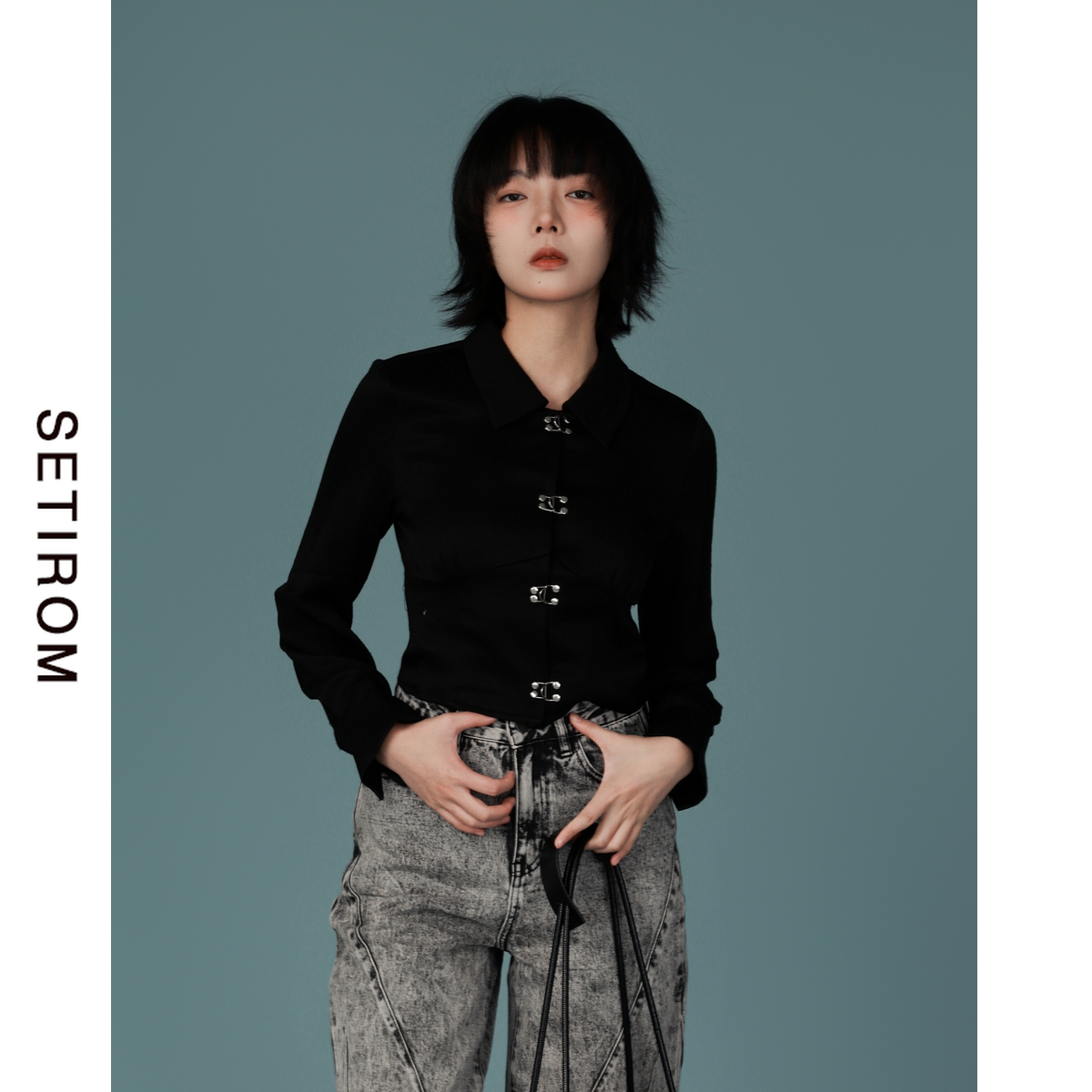 西町村屋复古金属扣装饰衬衣女