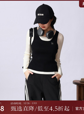 西町村屋假两件长袖针织衫女秋冬新款学院撞色拼接上衣XA9D10120