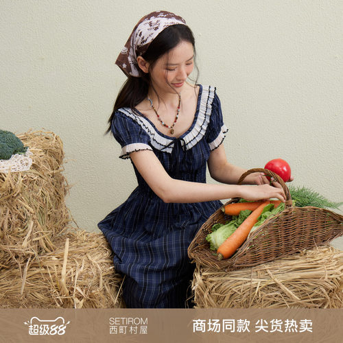 西町村屋复古文艺风格纹连衣裙2026夏季新款短袖收腰裙XABB11286