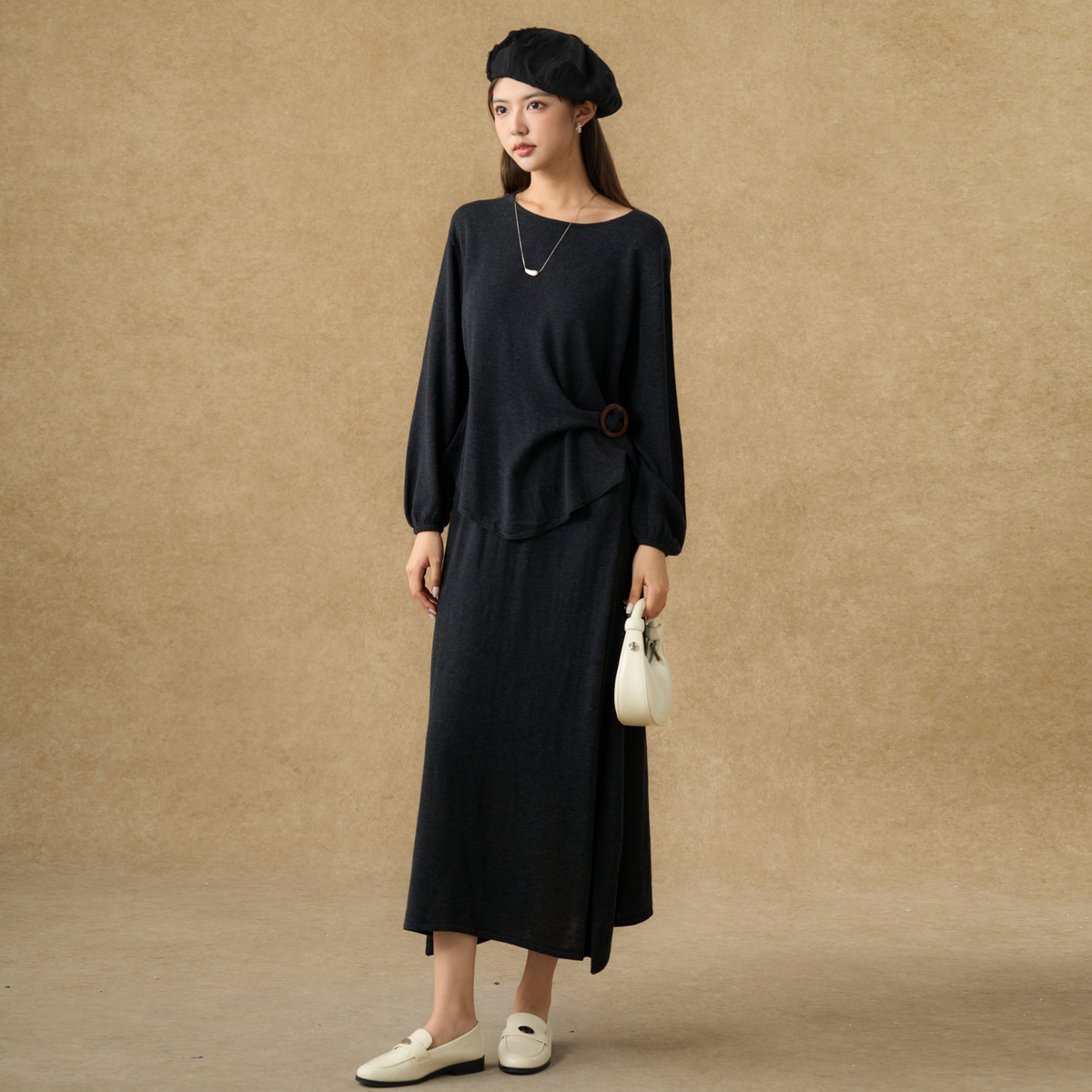 西町村屋气质套装女装2025秋季新款圆领搭扣针织两件套XHAC10726