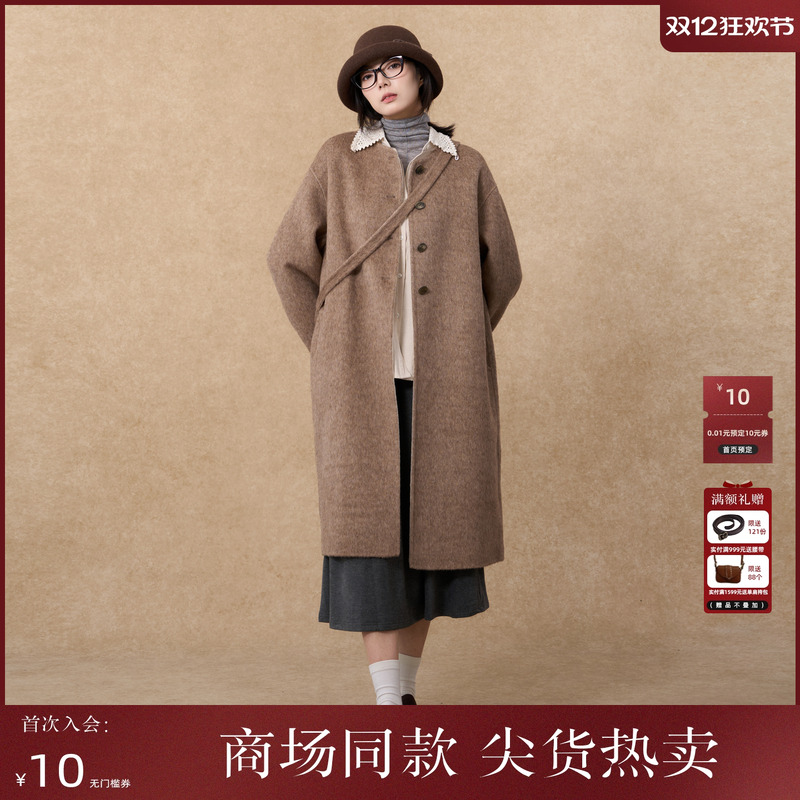 西町村屋休闲大衣女装2025冬季新款羊毛长款双面呢外套XHAD10421