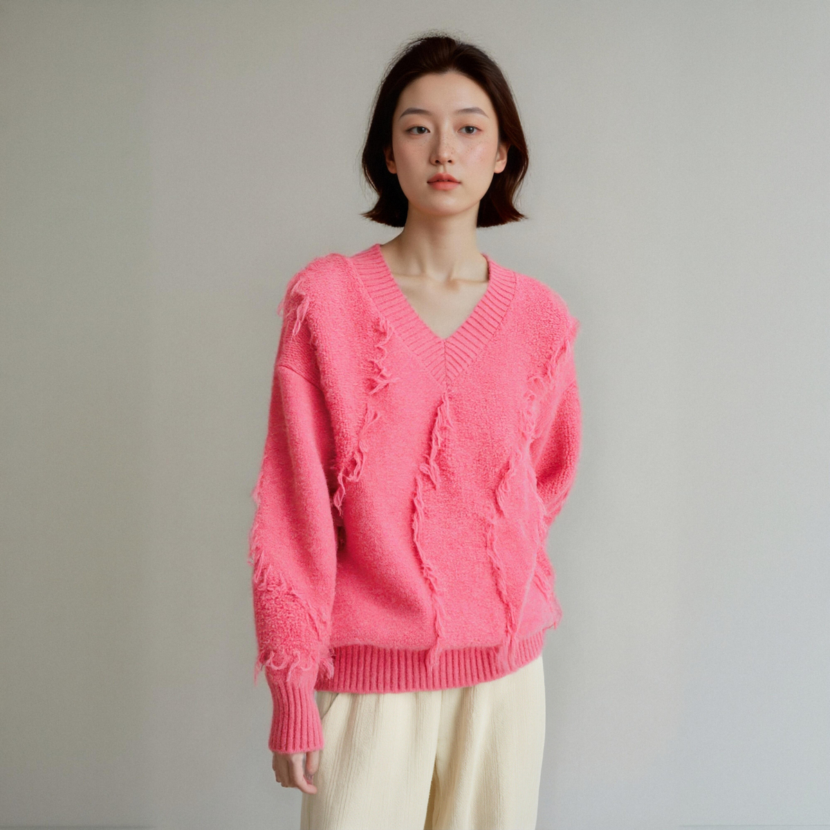 西町村屋浪漫手工毛边宽松上衣