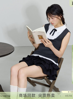 西町村屋假两件拼接上衣2026夏新款甜美减龄小衫含领结XABB10435