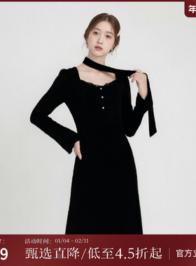 西町村屋气质感连衣裙女装冬季新款镂空蕾丝长裙含飘带XX9D10553