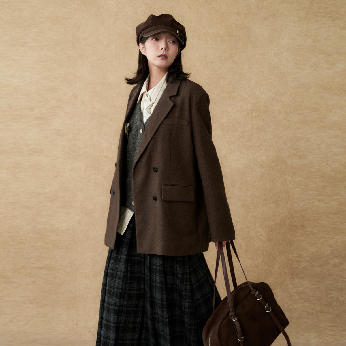 西町村屋复古风外套女装2025冬新款简约感拼接格纹西装XHAD10152