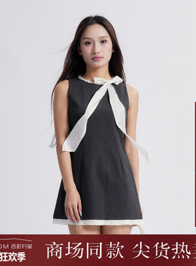 西町村屋法式珍珠系带拼接连衣裙夏季新款气质无袖裙子XAAB10214