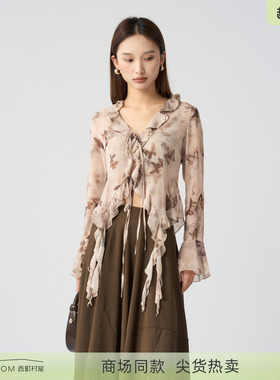 西町村屋印花荷叶边绑绳小衫2025秋季新款复古长袖衬衫XEAC10200