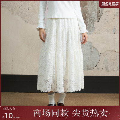 西町村屋韩系半身裙女装2025冬季新款温柔蕾丝长款A字裙XHAD10518