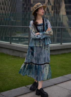 西町村屋新中式吊带连衣裙女夏季新款国风水墨印花裙子AB9404015