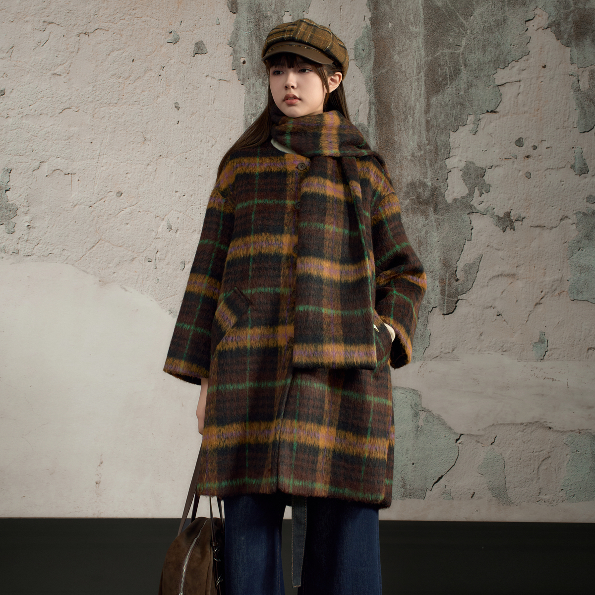 西町村屋复古感外套女装2025冬新款简约格纹上衣含围巾XHAD10154