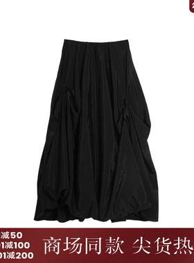 西町村屋休闲蝴蝶结褶皱半身裙女秋季新款气质长款摆裙XA9C10053