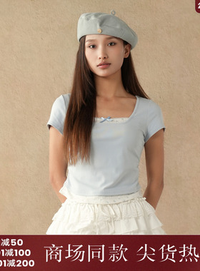 西町村屋小碎花拼接假两件T恤女装夏季新款休闲短袖小衫XAAB10333