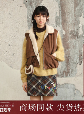 西町村屋韩系短款马甲女装2025冬新款复古马夹（含包）XHAD10838