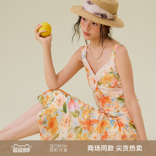 西町村屋印花蕾丝拼接吊带裙2026夏季女新款氛围感长裙XABB10846