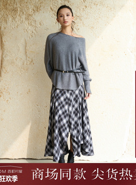 西町村屋复古半身裙女装2025冬新款不规则下摆格纹半裙XAAD10497
