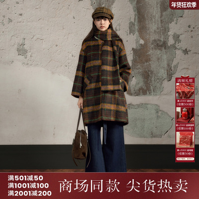 西町村屋复古感外套女装2025冬新款简约格纹上衣含围巾XHAD10154