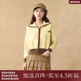 西町村屋开衫女装冬季黄色撞色学院翻领拉链款针织上衣AD8213251