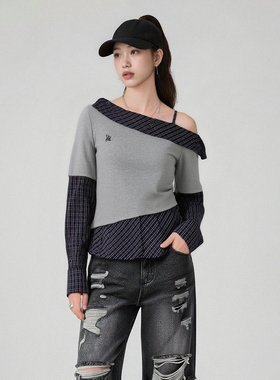 西町村屋格纹拼接斜肩长袖小衫女春季新款气质短款上衣XAAA10264