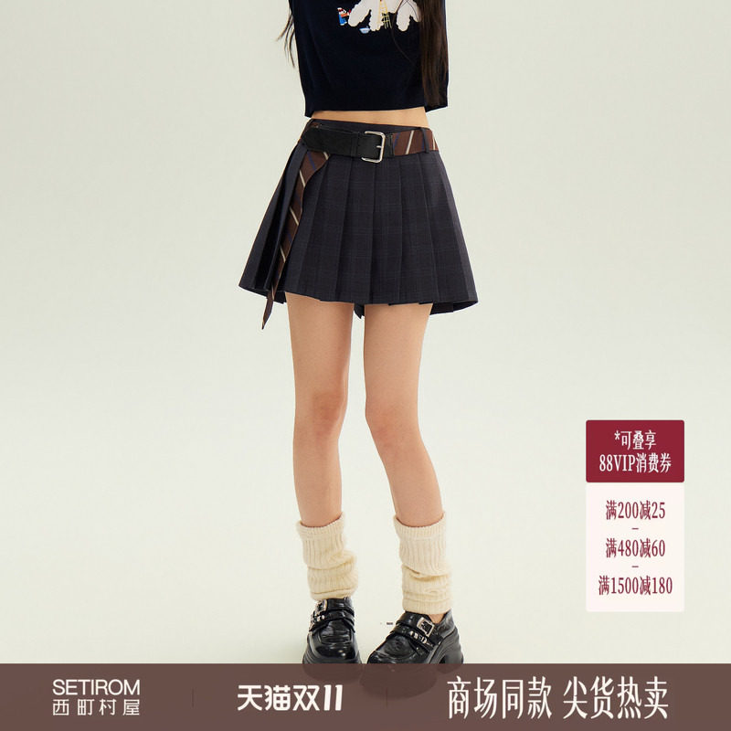 西町村屋学院风百褶裙女装2026秋季新款格纹短裙含腰带XABC1