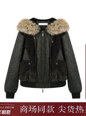 西町村屋潮酷外套女2025冬新款豹纹拼接可拆卸毛领上衣XAAD10604