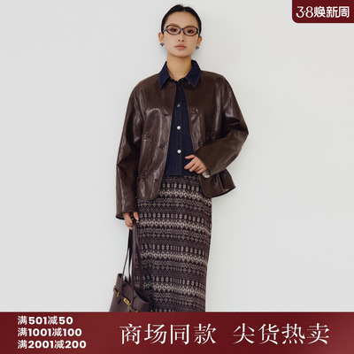 西町村屋复古圆领皮衣女2026春新款印花撞色两面穿外套XXBA10720
