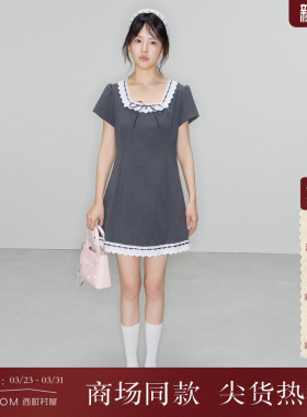 西町村屋简约短袖连衣裙女2026夏新款花边领学院风裙子XABB10001